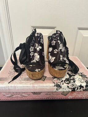 Black Floral Satin Cork Platform Peep-Toe Wedges with Ribbon Tie